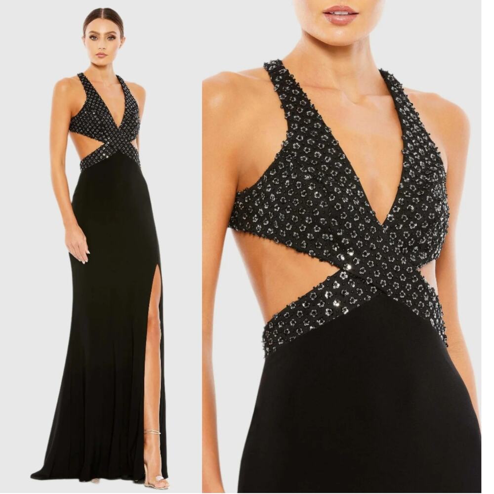 Mac Duggal 68166 Black Sequin Cutout Waist Cross High Slit Formal Evening Gown 8